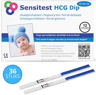 Sensitest Zwangerschapstest Dipstick – 36 stuks – 10 mIU/ml – Test vanaf 6 dagen vóór menstruatie – Uitslag in 5 minuten – Inclusief handleiding & zwangerschapskalender