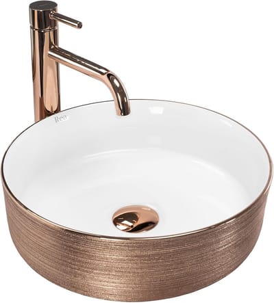 Ronde Opzetwastafel Keramiek 36cm Droogbak Beige Roze Goud Rand Wastafel