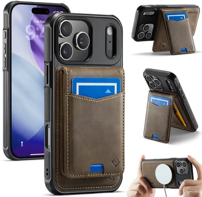 Casemania Hoesje Geschikt voor Apple iPhone 17 Pro - Mahogany Brown - Geschikt voor MagSafe - Back Cover met Afneembare Magnetische Pasjeshouder met Standaard - Telefoonhoesje en Kaarthouder