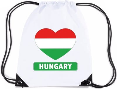 Hongarije thema sporttas - nylon rijgkoord rugzak - wit met hartjes vlag print - supporters - 11 liter - 45 x 34 cm
