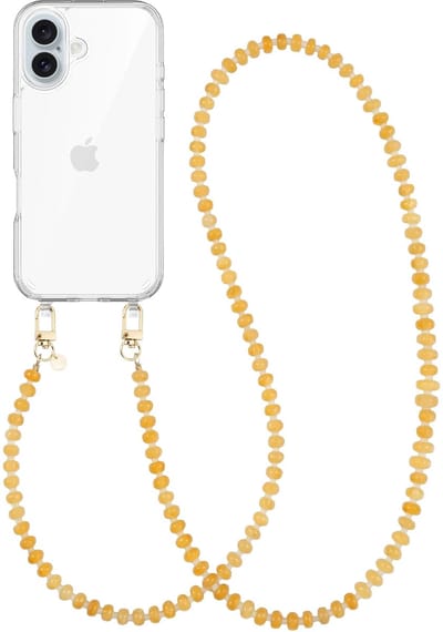 xoxo Wildhearts siliconen hoesje geschikt voor iPhone 17 - Dusty Yellow - Lang koord - Telefoonhoesje - Hoesje met koord - Kralenketting - Geel telefoonkoord - Transparant hoesje