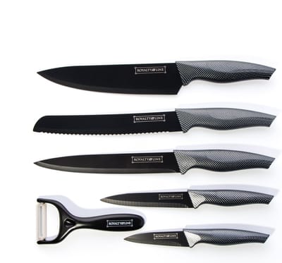 Royalty Line Messenset - 6-Delig - Dunschiller - Koksmessen Set - Keuken Messenset - Keukenset - Broodmes - Vleesmes - Schilmes - Antikleeflaag - Zwart/Carbon