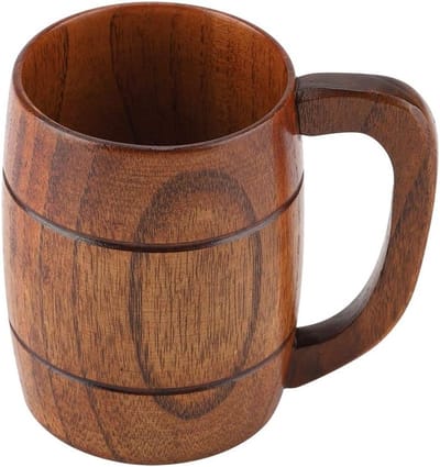Houten Biermok - Retro Vintage Bierbeker met Handvat voor Bier, Koffie, Thee en Melk, Hoogte: Ongeveer 11 cm, Diameter