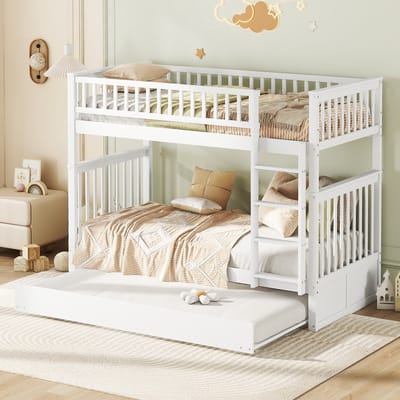 DESMIU Stapelbed 90x200 cm – Met Uittrekbed – Afneembaar Onderbed En Hoge Hekken – Voor Kinderkamer En Logés – Grenenhout En MDF – Wit – Zonder Matras