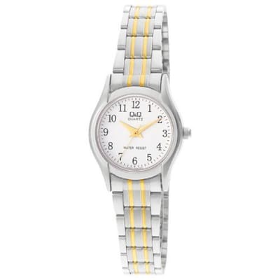 Q&Q Q551J404Y - Horloge - Analoog - Dames - Vrouwen - stalen band - Rond - Cijfers - Staal - Zilverkleurig - Goudkleurig - Wit