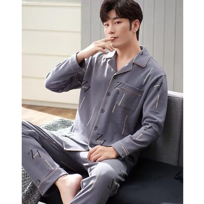 Heren Lente Herfst Puur Katoen Pyjama Lange Mouw Vest Middenleeftijd Ouderen Huiskleding Set Jeugd Casual Losse Pyjama XL gray