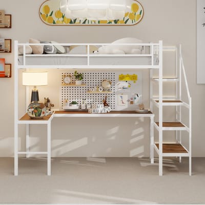 Wishdor Hoogslaper – L-Vormig Bureau & Piekbord – Opbergtrap – 360° Hek – Wit IJzer – Studieparadijs