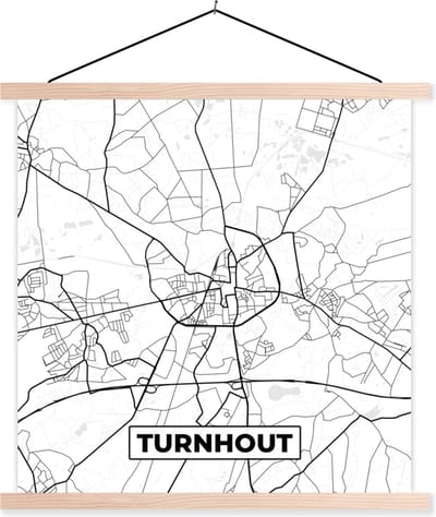 Posterhanger incl. Poster 40x40 cm - Schoolplaat - Stadskaart – Zwart Wit - Kaart – Turnhout – België – Plattegrond - Textielposter - Blanke latten - Stadskaart