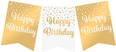 Vlaggenlijn | Set á 3 stuks | Feestvlaggen banner goud wit | met tekst Happy Birthday | 6 meter | hoogte 20 cm | 10 vlaggen