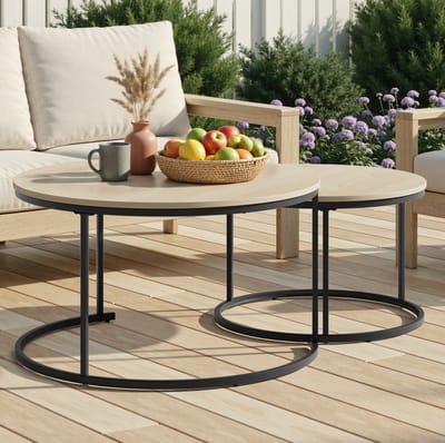 FloraGrace Salontafelset - Ronde Nesttafels Voor Woonkamer En Balkon - Metaal En Houtlook - 80x80x45 Cm - Eikenkleur