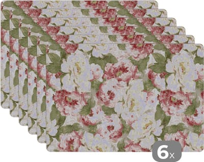 Placemat - Placemats kunststof - Rozen - Vintage - Patronen - 45x30 cm - 6 stuks - Hittebestendig - Anti-Slip - Onderlegger - Afneembaar