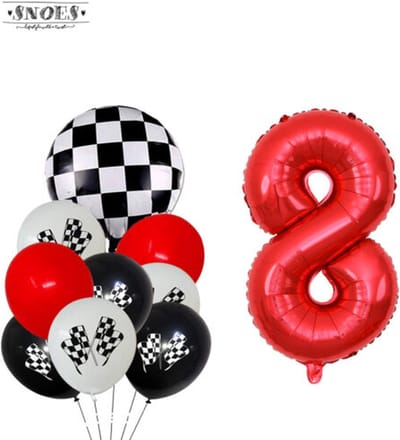 Snoes Racecijferballon 8 Feestboeket - Verjaardag Ballonnen Race Thema - Rood, Wit & Zwart