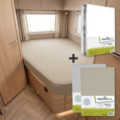 Textielpakket Frans bed - 1 molton met 2 hoeslakens - links- 1 x Licht grijs + 1 x Zandkleur