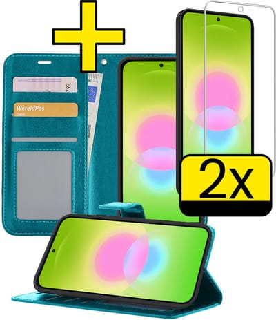Hoesje - Met 2x Screenprotector - Geschikt voor Samsung Galaxy A27 - Luxe Pasjeshouder - Bookcase Portemonee - Flip Case - Kunstleer Book Case - Flipcase Hoes - Book Cover - Walletcase - Portemonneehoes - Telefoonhoesjes - Turquoise