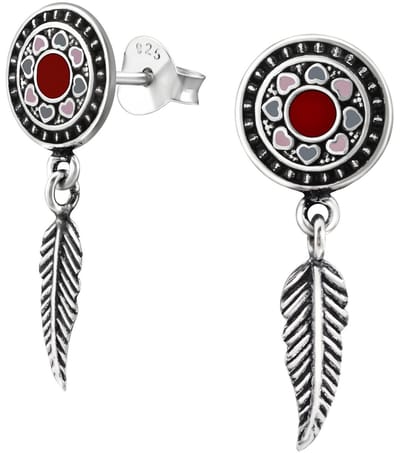 Joy|S - Zilveren droomvanger met veer oorbellen - Bali oorknoppen met bedel - rood 8 x 23 mm - geoxideerd