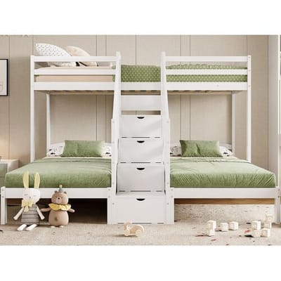ModernLuxe Stapelbed 90x200 cm - 3 slaapplaatsen - trap met opbergruimte - met 4 lades - met hekwerk - wit