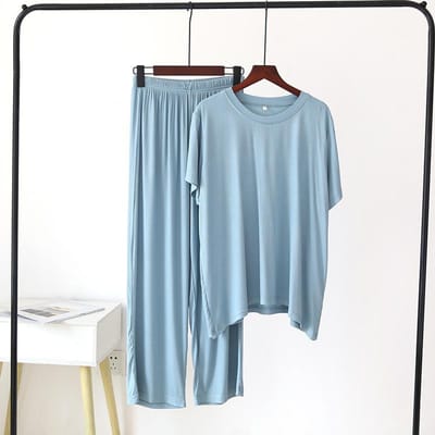 Pyjama printemps et été pour femme, manches courtes + pantalon, deux pièces, modal, fin, ample, grande taille, couleur unie, vêtements de maison XL gray