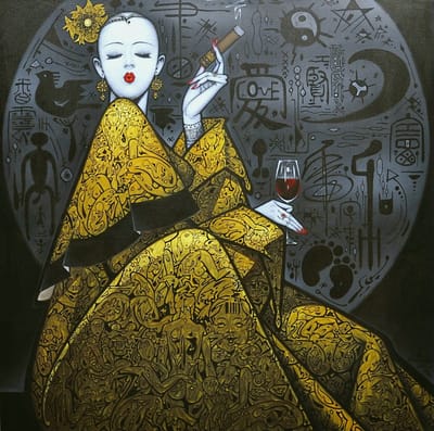 Fine Asianliving Olieverf Schilderij 100% Handgeschilderd Zwarte Omlijsting 100x100cm Chinese Vrouw met Sigaar Geel
