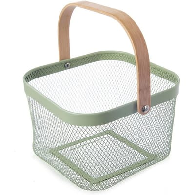 ORION Greenish Serie - Metalen Opbergmand - Groen - 27x24,5x17,5 cm - Bamboe Handvat