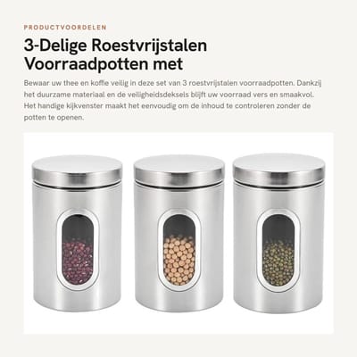 Dailygoods - 3-Delige Roestvrijstalen Voorraadpotten met Kijkvenster