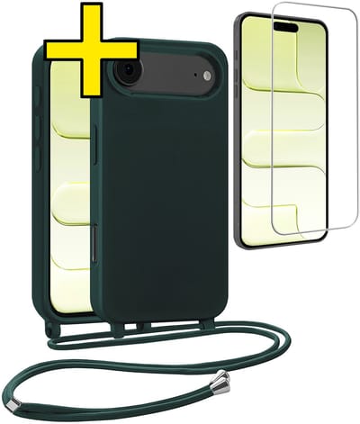 Hoesje Geschikt voor iPhone Air Hoesje Met Koord Met Screenprotector Siliconen Case - Hoes Geschikt voor iPhone Air Backcover Met Afneembaar Koord - Donkergroen