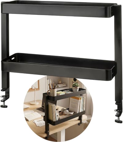 VATTENKAR Zwarte, tweelaagse bureau plank, metalen organizer, 49x15 cm