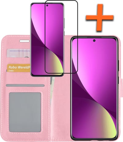 Hoes - Met Screenprotector - Geschikt voor Xiaomi 12 - Luxe Pasjeshouder - Bookcase Portemonee - Flip Case - Kunstleer Book Case - Flipcase - Book Cover - Walletcase - PortemonneeHoes - Lichtroze