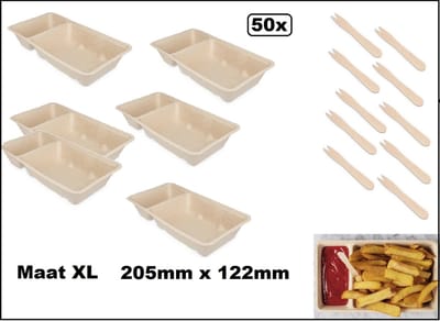 50x Frietbakje met sausvak + snackvork - mt.XL - 100% biologisch afbreekbaar - Patat friet frites bakje snack bak food menu A20(A14+1)