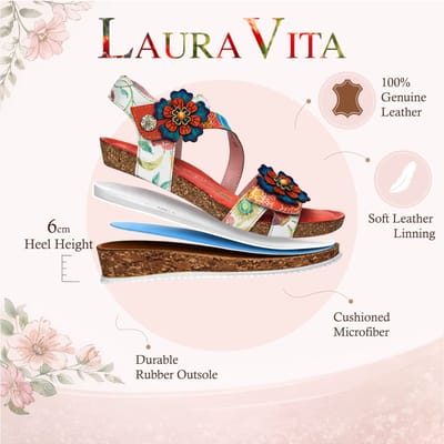 Laura Vita Bonito 32 damessandalen met sleehak van oranje leer en bloemenprint