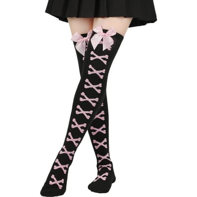 Bas autofixants pour femmes motif nœud + os croisés Chaussettes hautes pour filles Halloween Dames One Size black