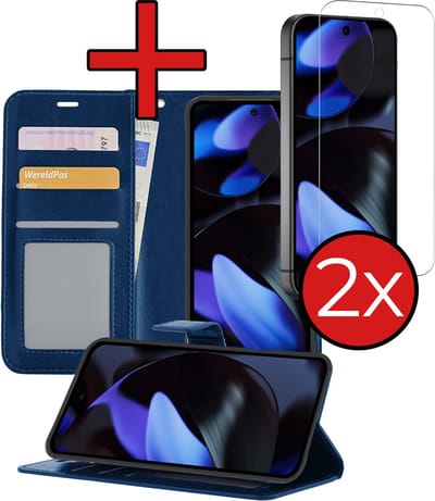 Hoesje - Met 2x Screenprotector - Geschikt voor Google Pixel 10 - Luxe Pasjeshouder - Flip Case - Bookcase Portemonee - Kunstleer Book Case - Flipcase Hoes - Book Cover - Walletcase - Portemonneehoes - Telefoonhoes - Donkerblauw