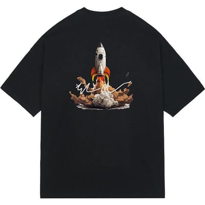 Zomer Nieuwe Stijl Raket Patroon Mode Merk Losvallend Alles-Match T-shirt met Korte Mouwen Bedrukt T-shirt met Ronde Hals voor Mannen en Vrouwen XXL zwart