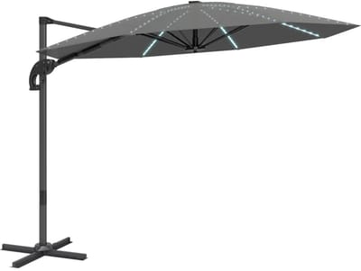 Premium Zweefparasol - Parasol met LED-zonneverlichting & Draaibare Standaard - Tuinparasol - Ø300 cm - in Hoogte Verstelbaar - UV-Bestendig - Strand, Balkon, Terras & Tuin - Donkergrijs