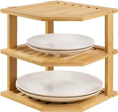 Thijox - Bamboe Plaat Organizer Keukenkast Organizer 3 Laags Hoek Plank voor Schotels, Borden, Badkamer en Aanrecht - Natuurlijke Bamboe, 9.8x9.8x9.4