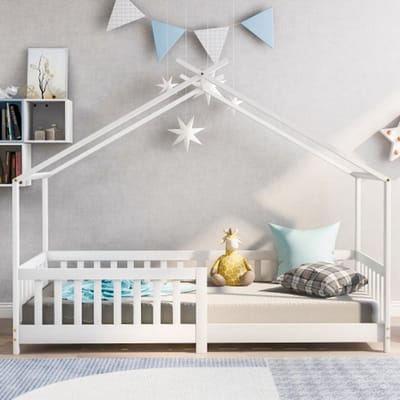 Kinderbed Huisbed-Houten Kinderbed-90x200cm Massief Grenen Bed Met Omheining En Lattenbodem-Wit-Valbeveiliging En Speels Huisdesign Voor Kinder En Tienerkamer