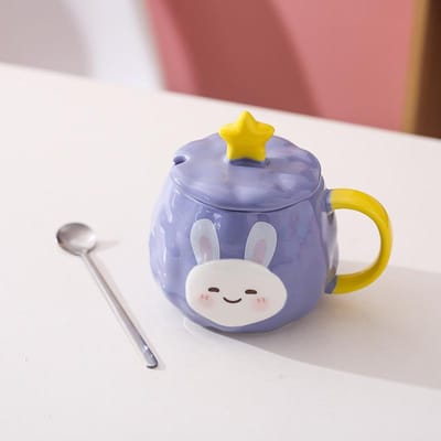 Creatieve Keramische Mok Leuke Cartoon Konijn Koppels Beker Waterbeker Koffie Ontbijtbeker met Deksel Lepel Hoge Uitstraling 401-500ml