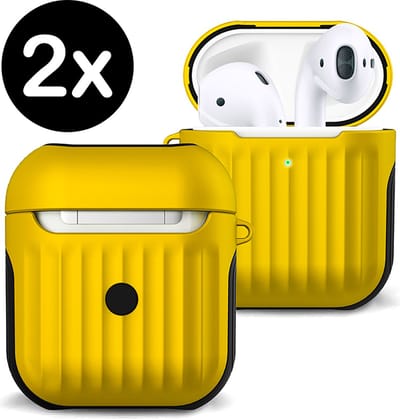 Case Geschikt voor AirPods 1 Hoesje Hoes Hard Cover Ribbels - Hoesje Geschikt voor Apple Airpods 1 Case Met Ribbels - Geel - 2 PACK