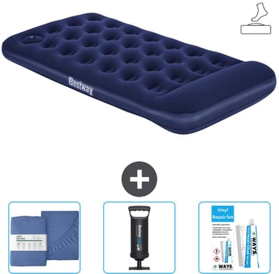 Bestway luchtbed - 1-Persoons - 99 x 188 x 28 cm - Blauw - Inclusief pomp - Hoeslaken - Pomp en Reparatieset