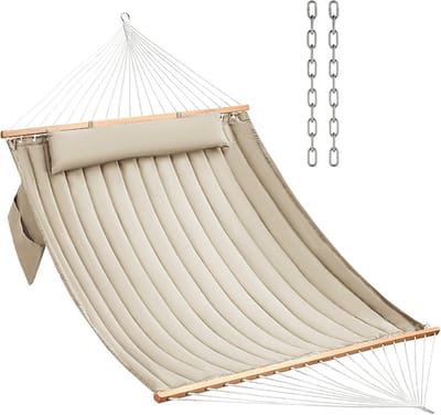 CHULIM Dubbele gewatteerde stoffen hangmat met hardhouten spreidstangen en kussen 204 kg capaciteit 2 persoons hangmat grote hangmat voor buiten patio achtertuin zwembad - beige