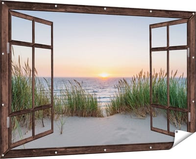 Gards Tuinposter Doorkijk Zee vanuit Duinen met Zonsondergang - 180x120 cm - Tuindoek - Tuindecoratie - Wanddecoratie buiten - Tuinschilderij
