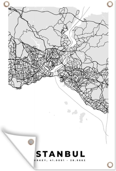 Muurdecoratie Istanbul - Plattegrond - Stadskaart - Zwart Wit - Kaart - 120x180 cm - Tuinposter - Tuindoek