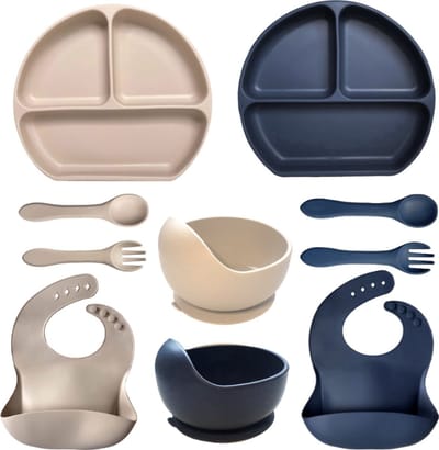 10-delig Siliconen Servies Set Beige Blauw - Silicone Servies Set - Babyservies - Kinderservies - Baby Bord Zuignap - BPA Vrij