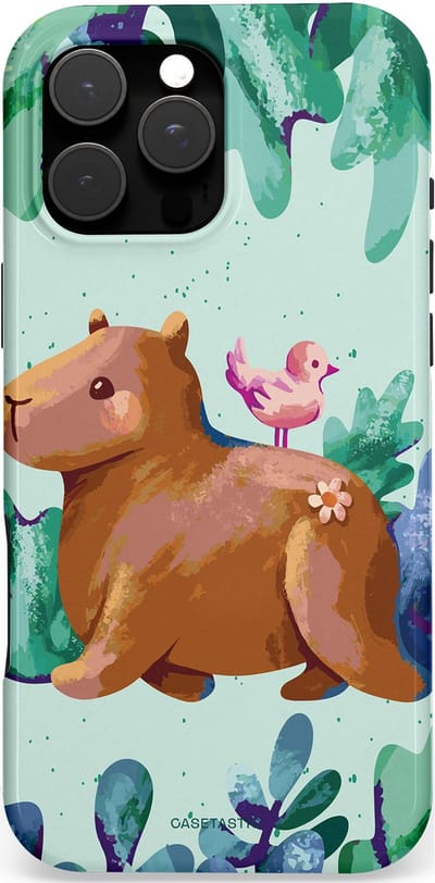 Casetastic Hoesje Geschikt voor Apple iPhone 16 Pro Max Magsafe - Stijlvolle Beschermende Duo-layer Case - Capibara Vogeltjes Vriend
