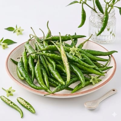 Verse Groene Pepers (Hari Mirchi) - Premium Kwaliteit Indiase Chilies - Extra Pittig & Vers Geoogst - Ideaal voor Curry, Sambal en Aziatische Gerechten - Verpakt per 250 gram - Natuurlijke Smaakmaker met Kajal Sticker