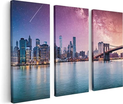 Artaza Canvas Schilderij Drieluik New York Skyline Met Een Kleurrijke Hemel - 120x80 - Foto Op Canvas - Canvas Print