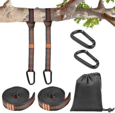 Hangmat Bevestiging Set - 2-delige Set met 2 m Touw, Karabijnhaken en Opbergtas - Geschikt voor Buitenshuis, 300 kg Capaciteit, Oranje