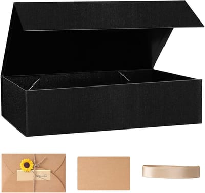 Extra grote cadeauverpakking met cadeaukaart en lint, zwart, 43 x 25,5 x 10 cm, magnetische opvouwbare geschenkdoos, 1 stuk, perfect voor feestdagen en speciale gelegenheden