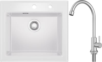 CECIPA Max Spoelbak Keuken - Keramische Spoelbakken Wit 55x50CM - Gootsteen Met Koudwaterkraan Keuken - Keukenspoelbak - Opbouw Wasbak Keuken