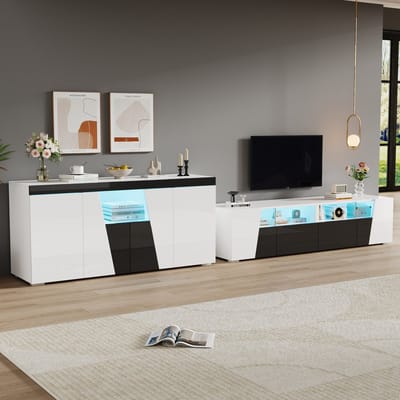 OKWISH Tv Meubel Met Ledverlichting Bluetooth App Bediening Voor Woonkamer Hoogglans Voorzijde Wit Zwart 180x38,5x45 Cm Tot 80 Inch