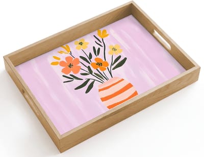 Dienblad hout 40x30 cm - Schootdienblad - Vaas - Gestreept - Bloemen - Oranje - Borrelplank rechthoek - Plateau dienbladen